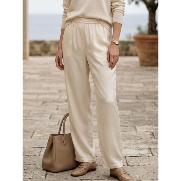Unbranded Pants - Vintage 100% Silk Wide Leg Pants Cream Ivory High Waist Slouchy Trouser XL